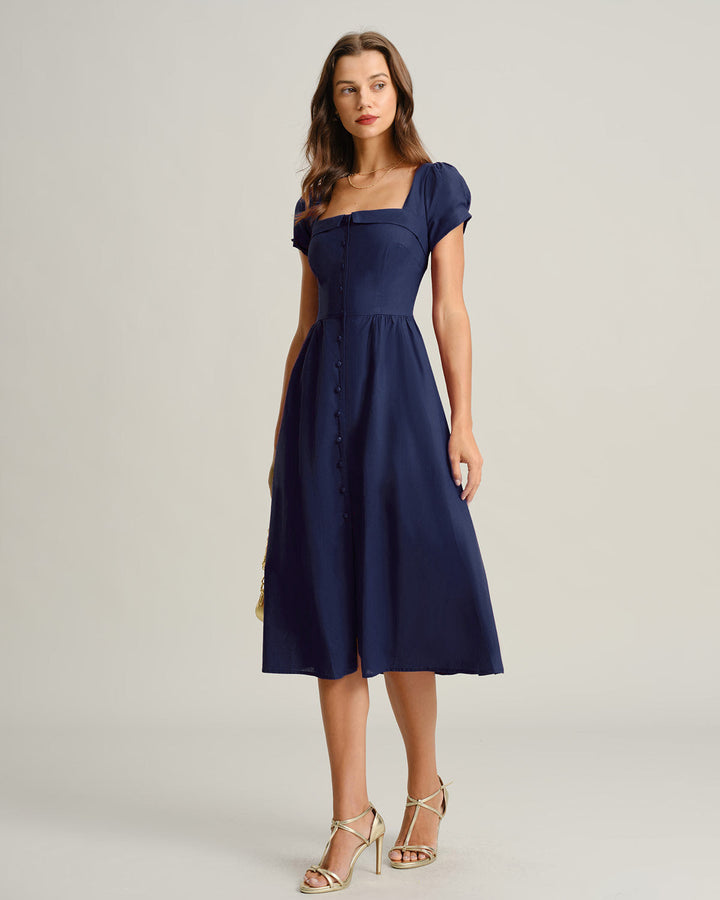 Morgan and Brooke | Navy A-Line Midi Dress with Square Neck and Short Sleeves