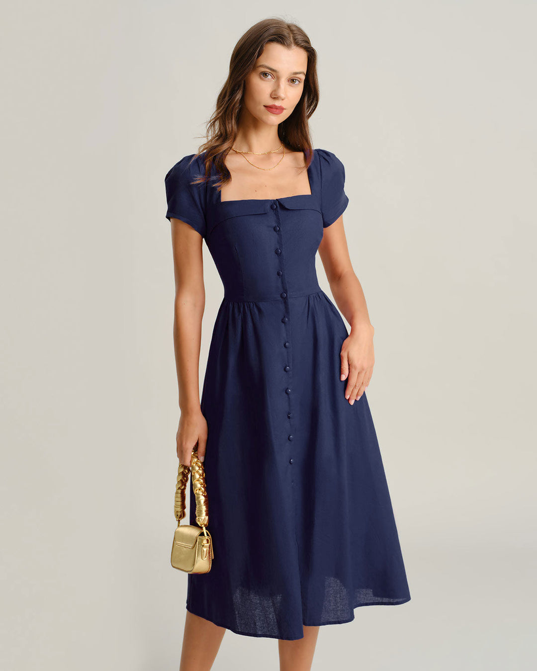 Morgan and Brooke | Navy A-Line Midi Dress with Square Neck and Short Sleeves