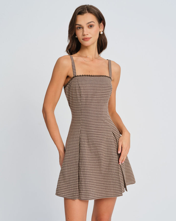 Morgan and Brooke | Brown Plaid Ruched Mini Dress