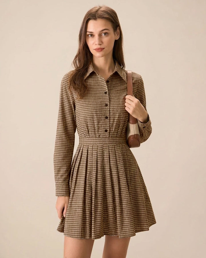 Morgan and Brooke | Brown Plaid Pleated Mini Dress