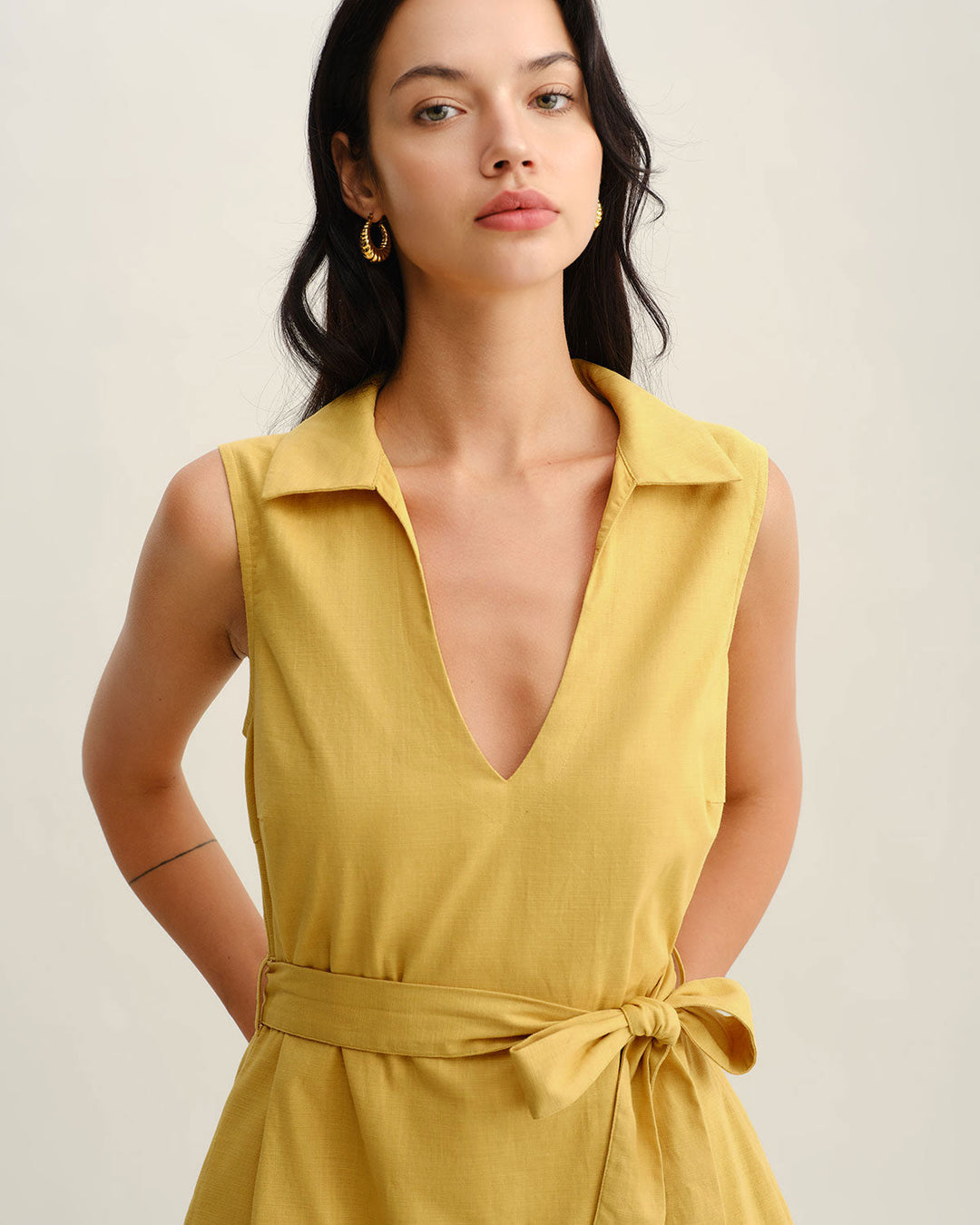 Morgan and Brooke | Yellow Tie Waist Sleeveless Mini Dress