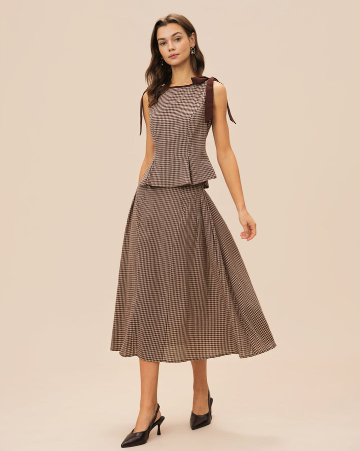 Morgan and Brooke | Brown Plaid Midi Skirt