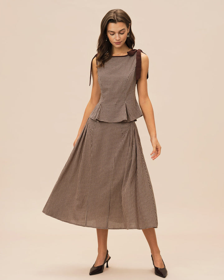 Morgan and Brooke | Brown Plaid Midi Skirt