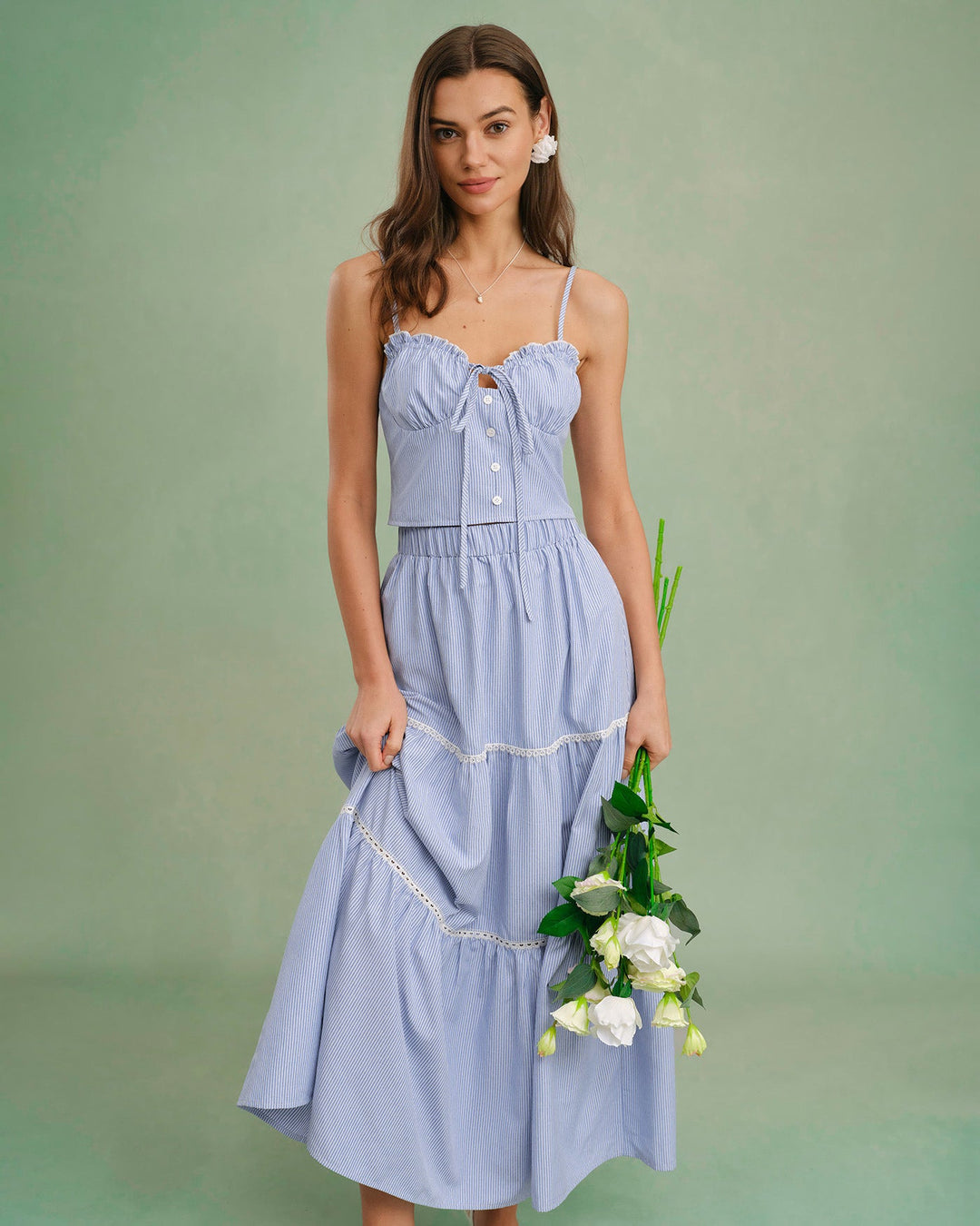 Morgan and Brooke | Elastic Waist Midi Skirt for Women in Blue