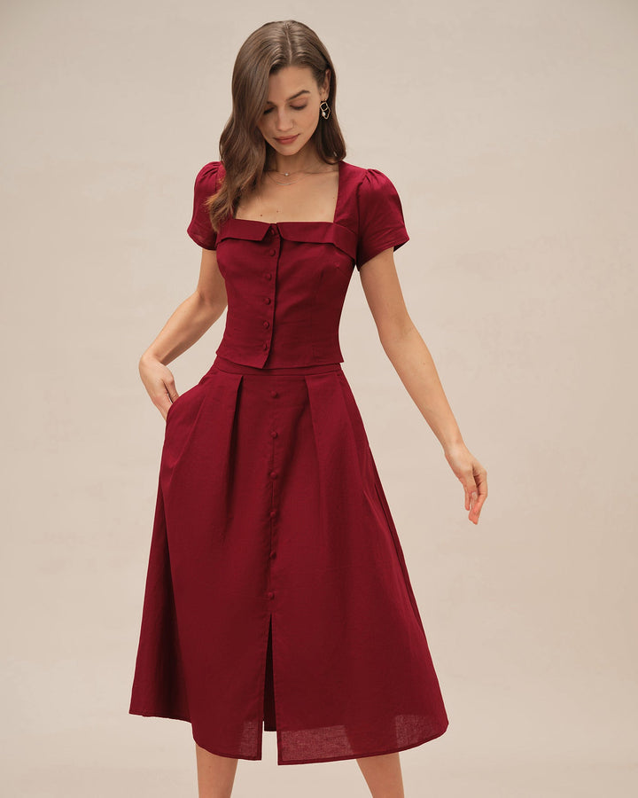 Morgan and Brooke | Ruched Slit Midi Skirt for Women in Red