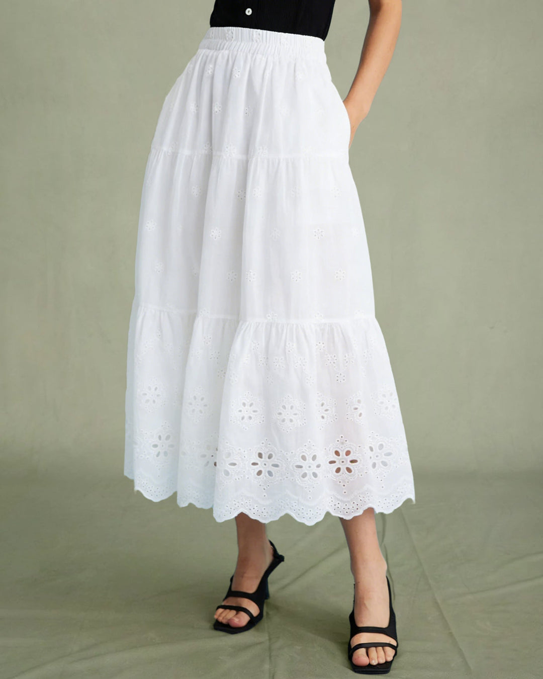 Morgan and Brooke | Floral Textured Midi Skirt for Women in White