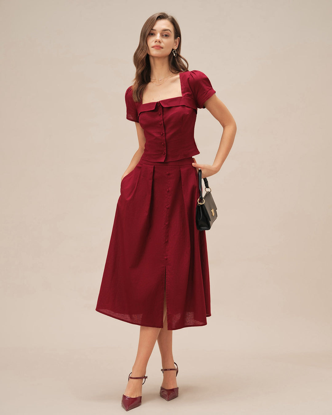 Morgan and Brooke | Ruched Slit Midi Skirt for Women in Red