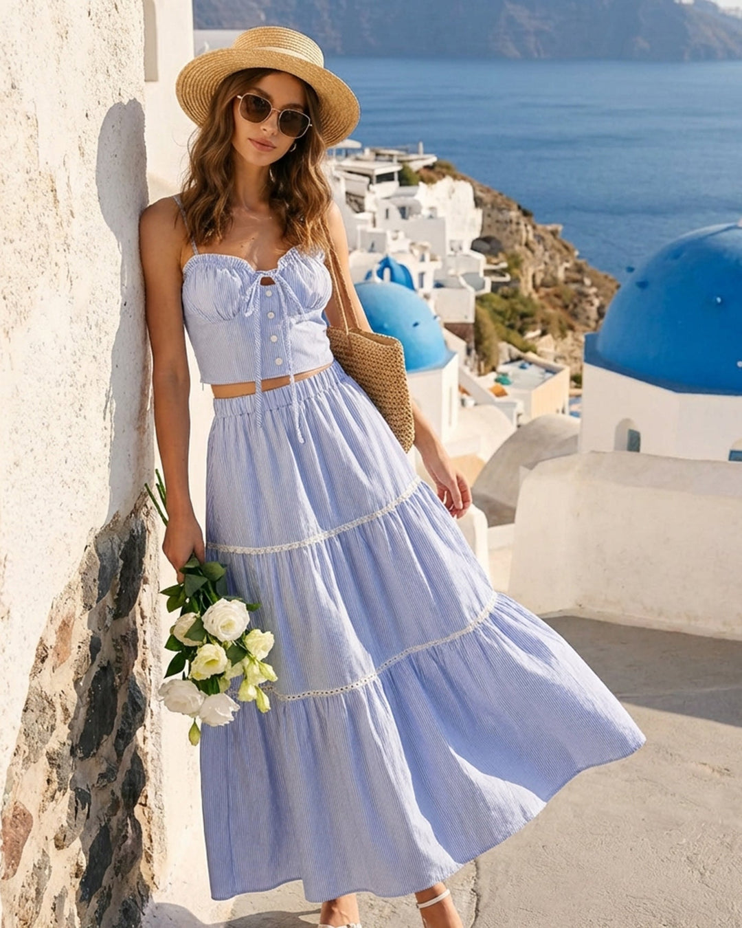Morgan and Brooke | Elastic Waist Midi Skirt for Women in Blue