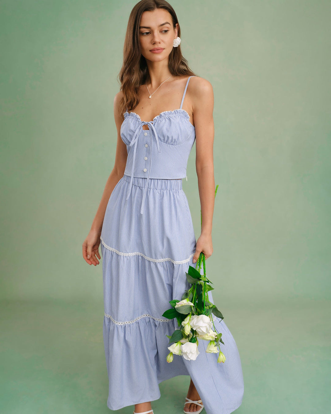 Morgan and Brooke | Elastic Waist Midi Skirt for Women in Blue