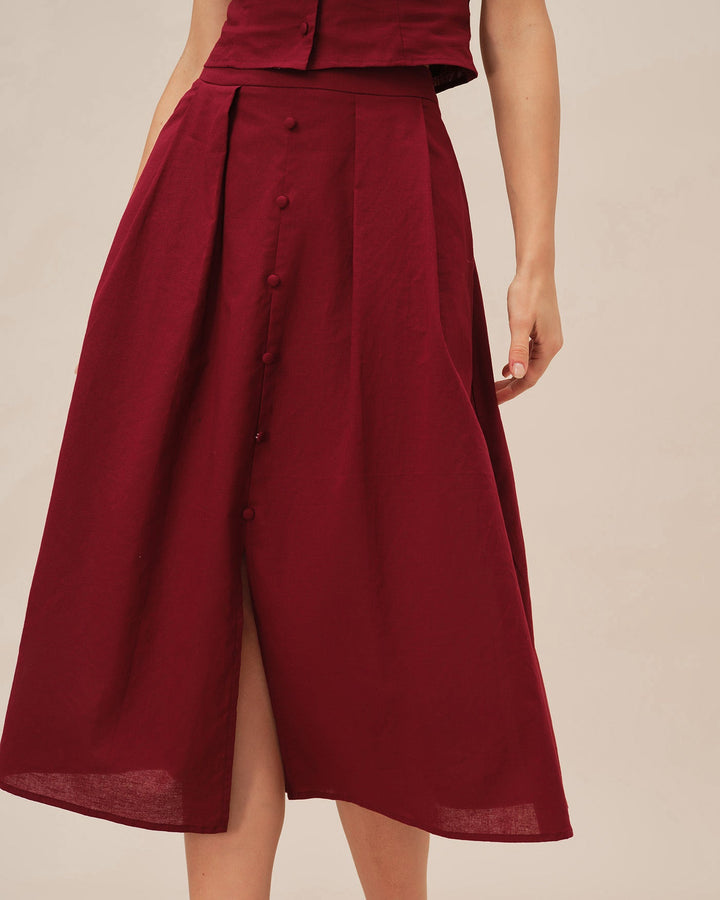 Morgan and Brooke | Ruched Slit Midi Skirt for Women in Red