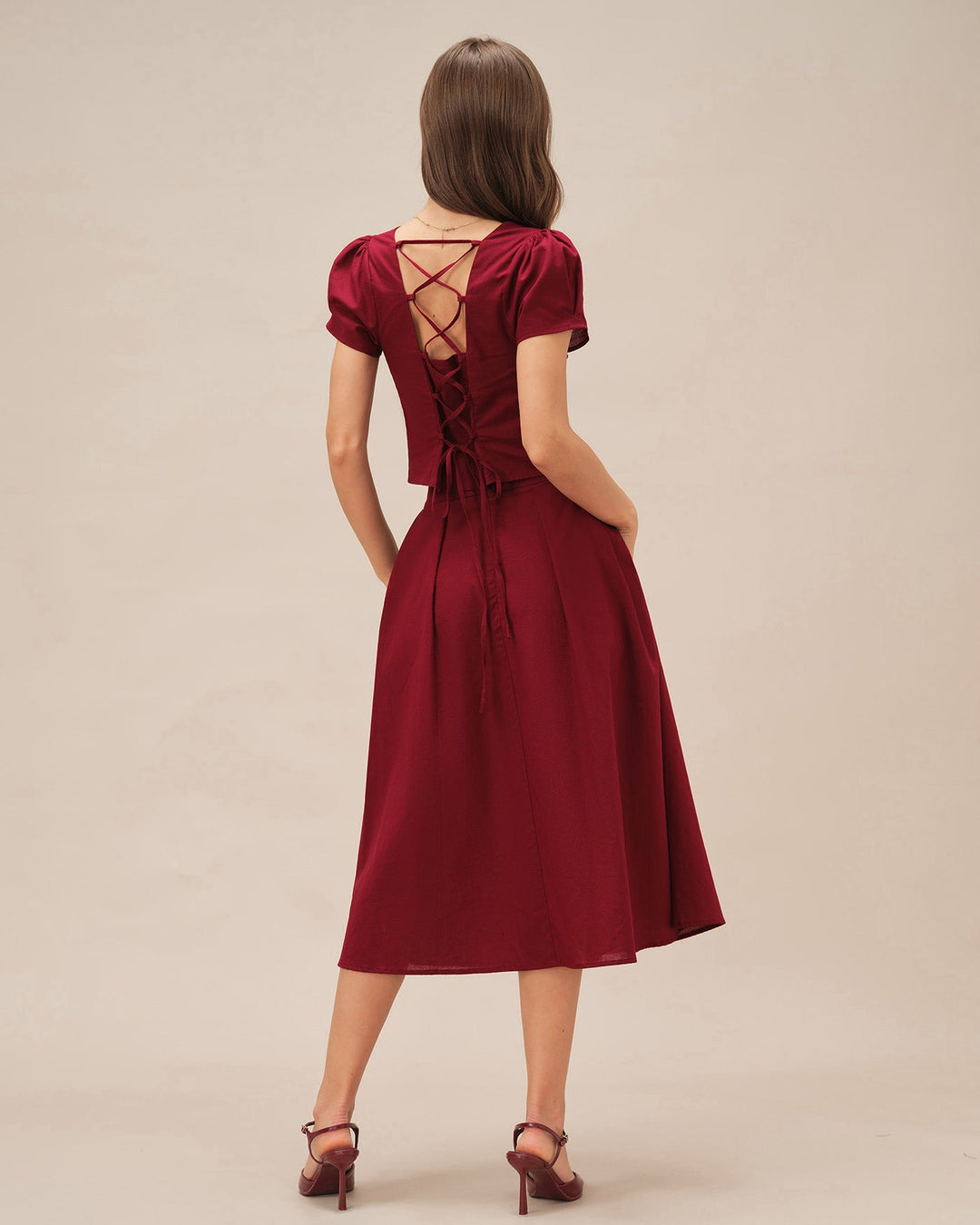 Morgan and Brooke | Ruched Slit Midi Skirt for Women in Red