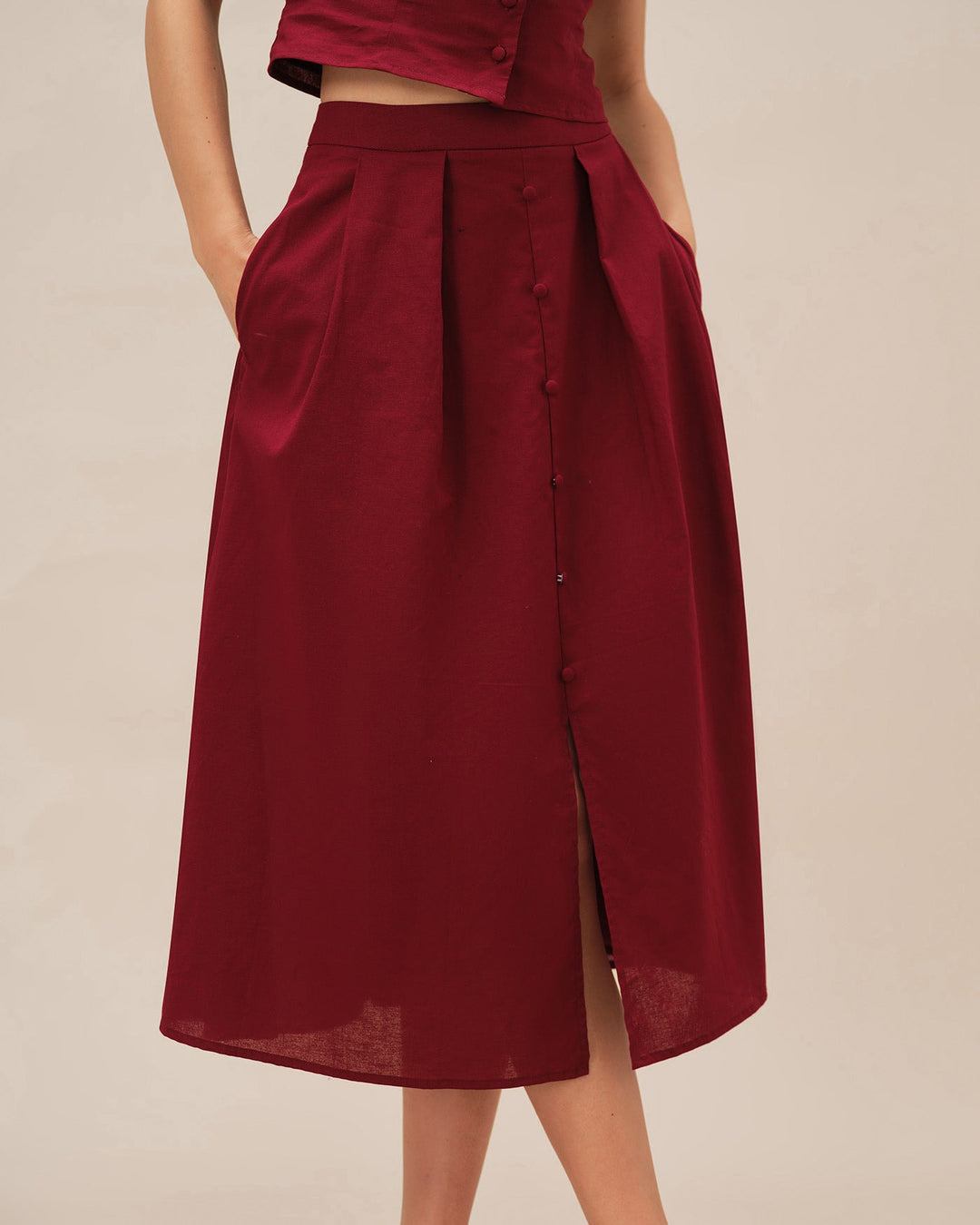 Morgan and Brooke | Ruched Slit Midi Skirt for Women in Red
