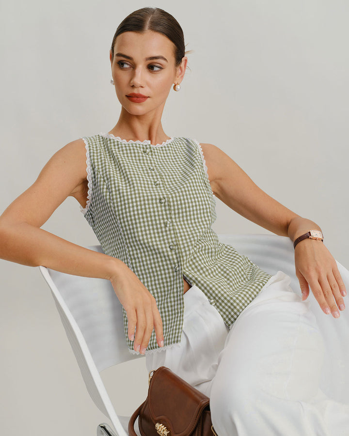 Morgan and Brooke | Light Green Plaid Tank Top