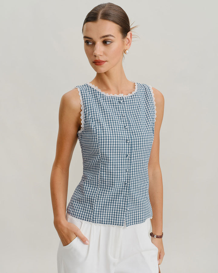 Morgan and Brooke | Sleeveless Tank Top for Women in Blue Plaid