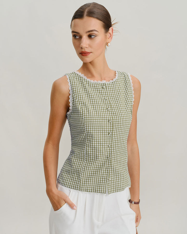 Morgan and Brooke | Light Green Plaid Tank Top