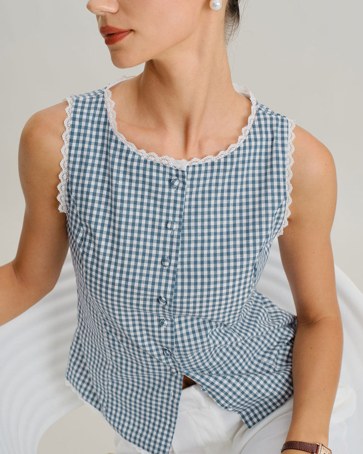 Morgan and Brooke | Sleeveless Tank Top for Women in Blue Plaid