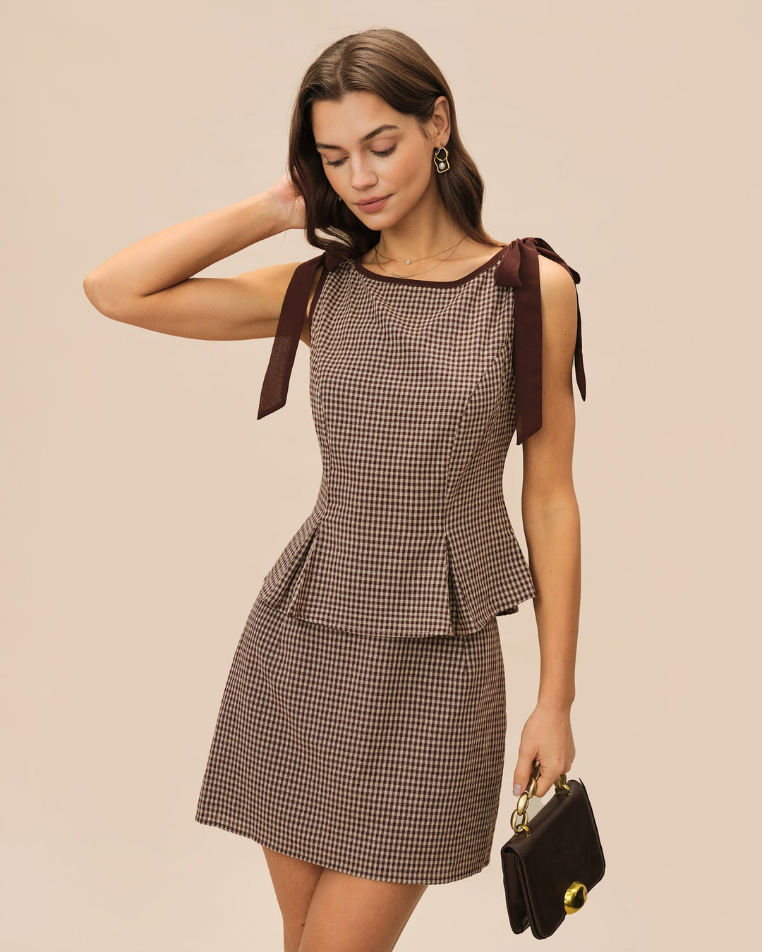 Morgan and Brooke | Brown Plaid Boat Neck Tank Top