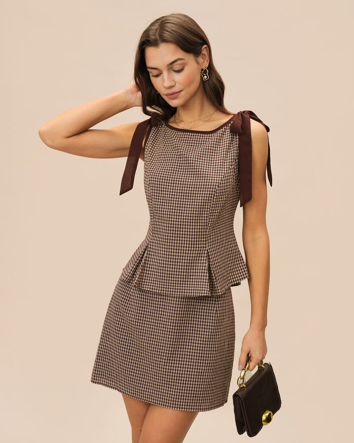 Morgan and Brooke | Brown Plaid Boat Neck Tank Top