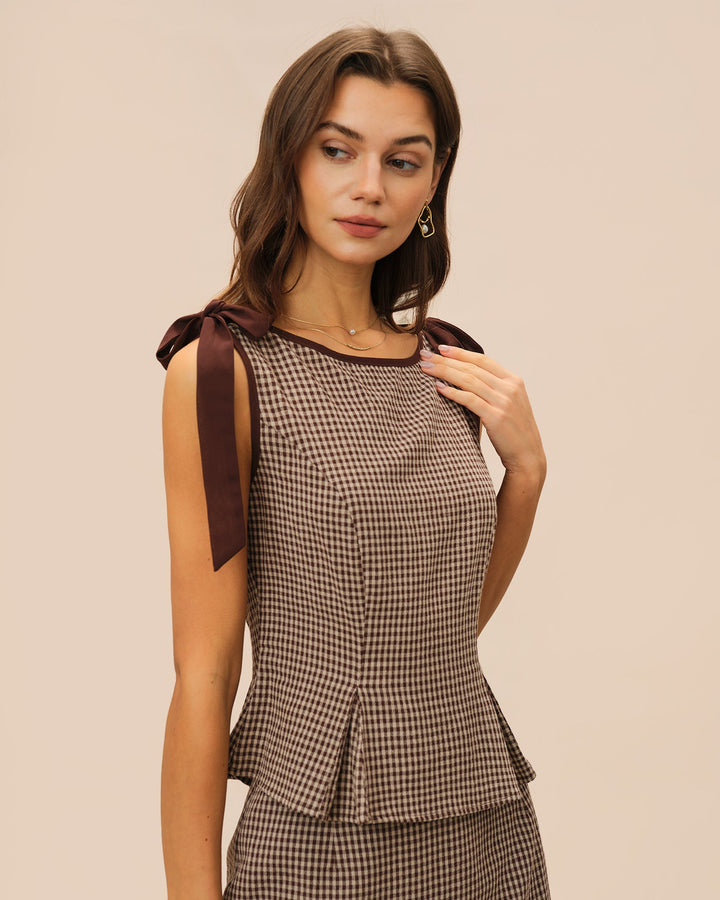 Morgan and Brooke | Brown Plaid Boat Neck Tank Top