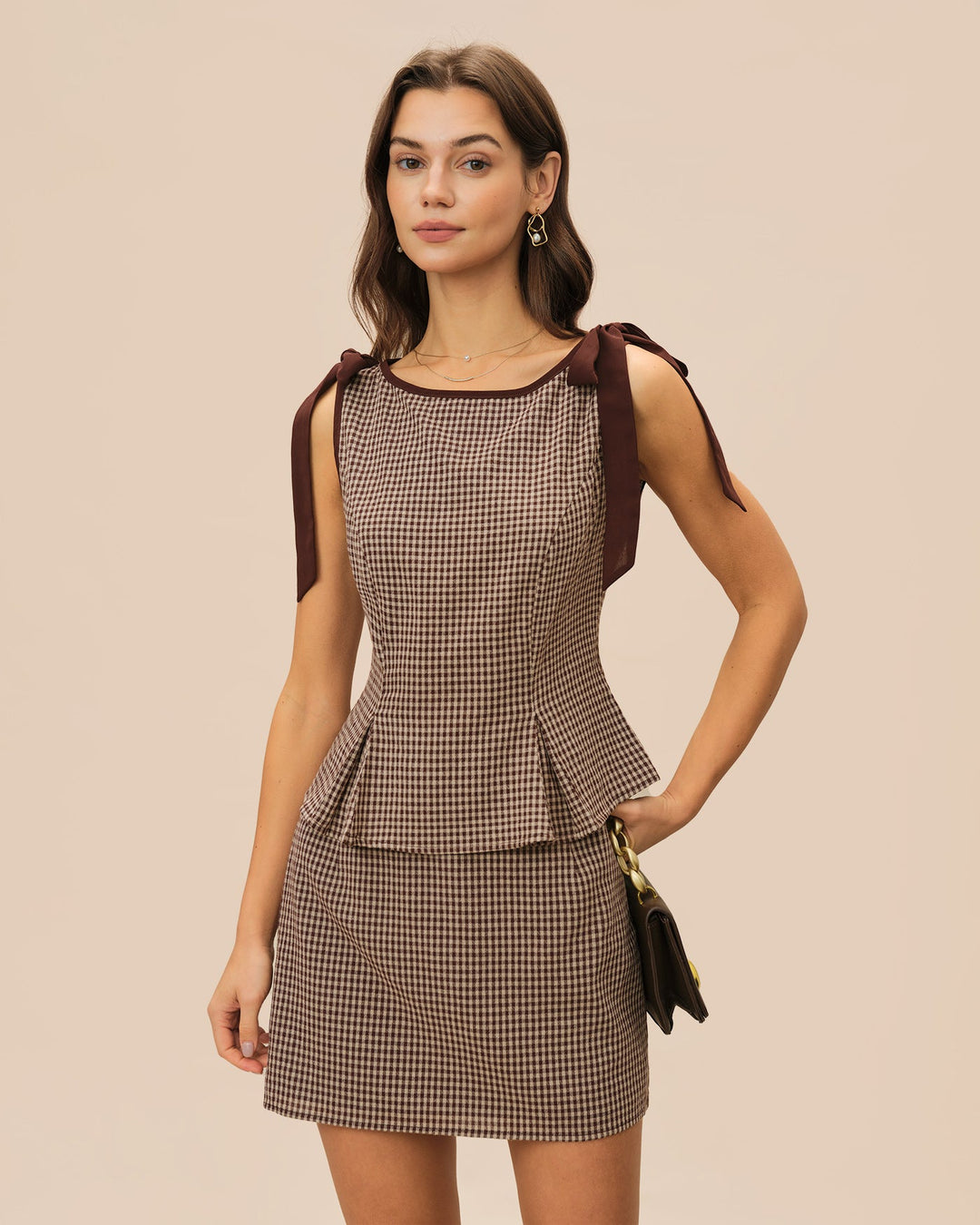 Morgan and Brooke | Brown Plaid Boat Neck Tank Top