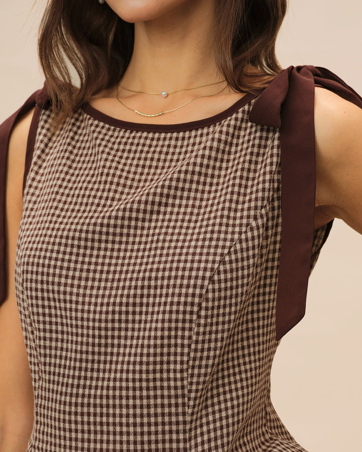 Morgan and Brooke | Brown Plaid Boat Neck Tank Top