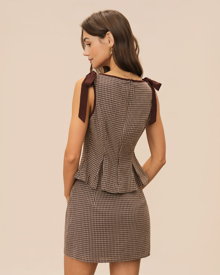 Morgan and Brooke | Brown Plaid Boat Neck Tank Top