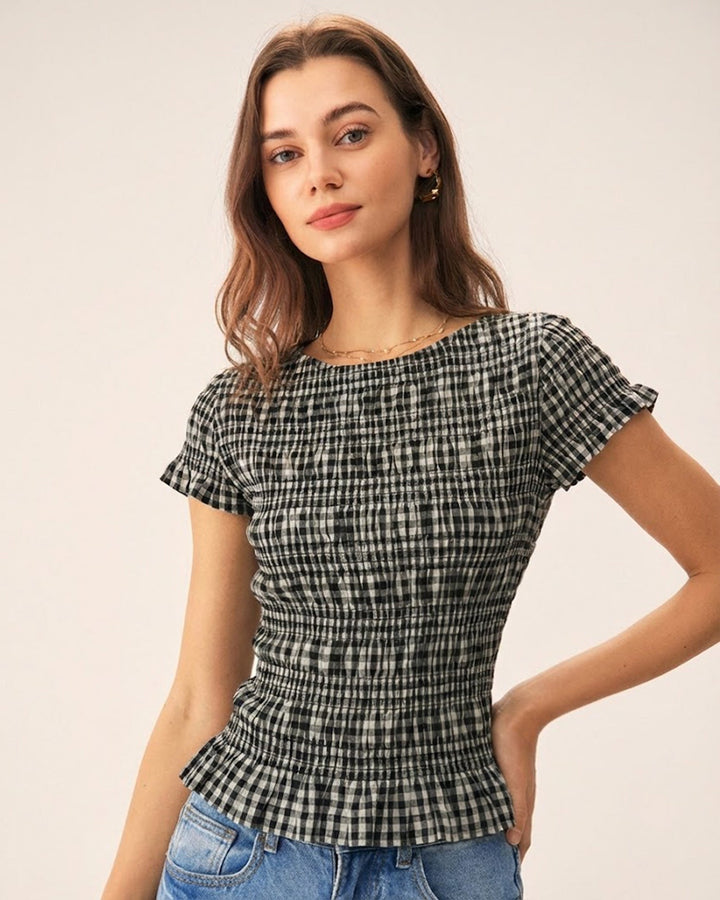 Morgan and Brooke | Black Boat Neck Plaid Tee