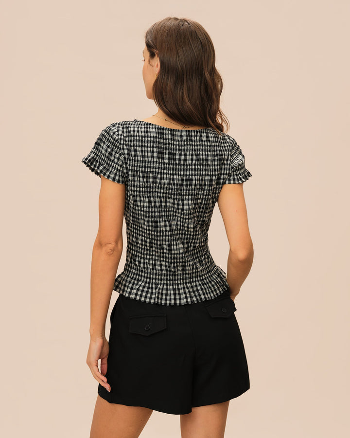 Morgan and Brooke | Black Boat Neck Plaid Tee