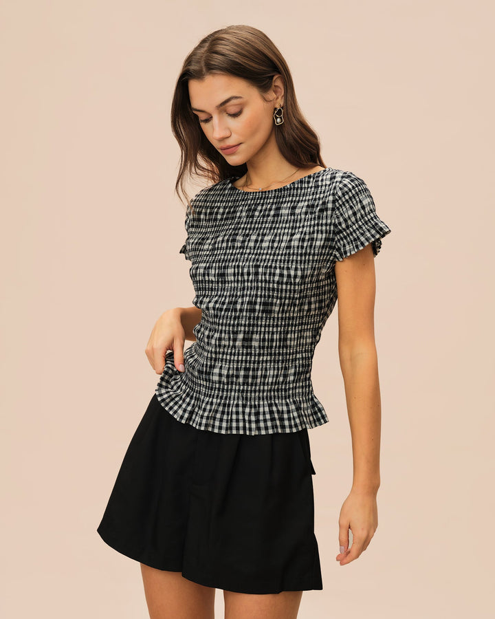 Morgan and Brooke | Black Boat Neck Plaid Tee