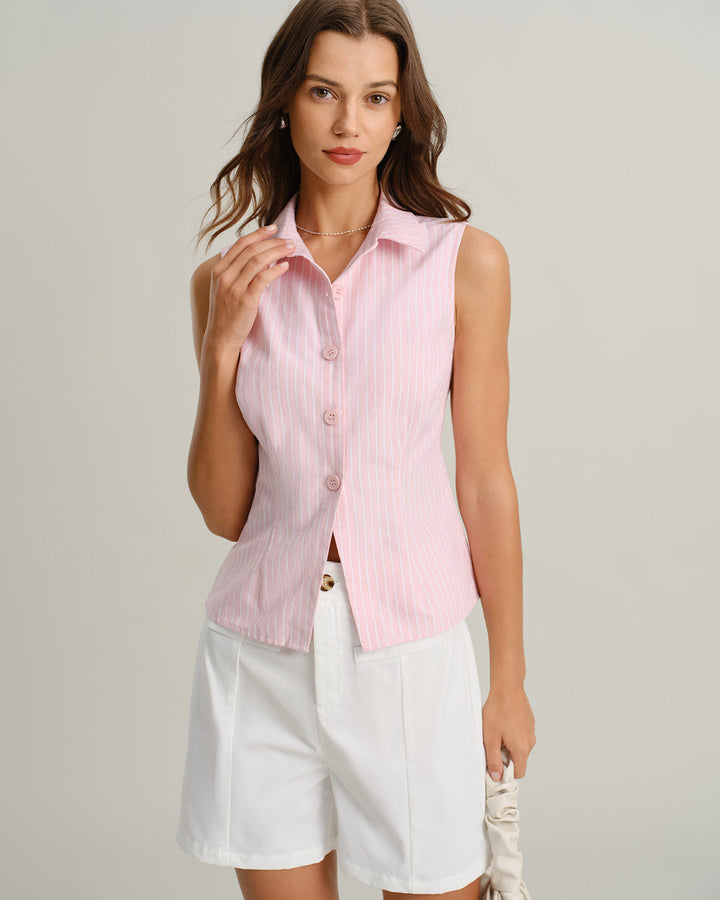 Morgan and Brooke | Striped Button Vest for Women in Pink