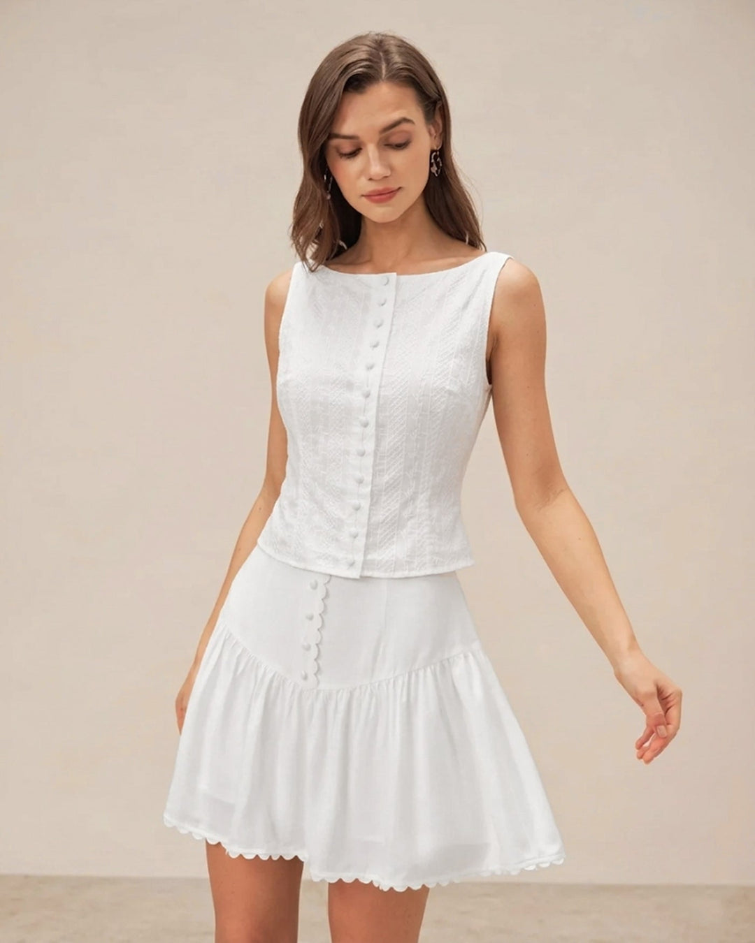 Morgan and Brooke | Textured Boat Neck Button Vest for Women in White
