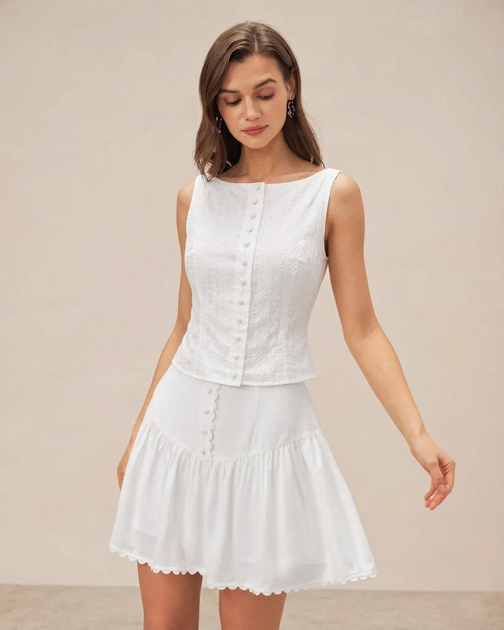 Morgan and Brooke | Textured Boat Neck Button Vest for Women in White