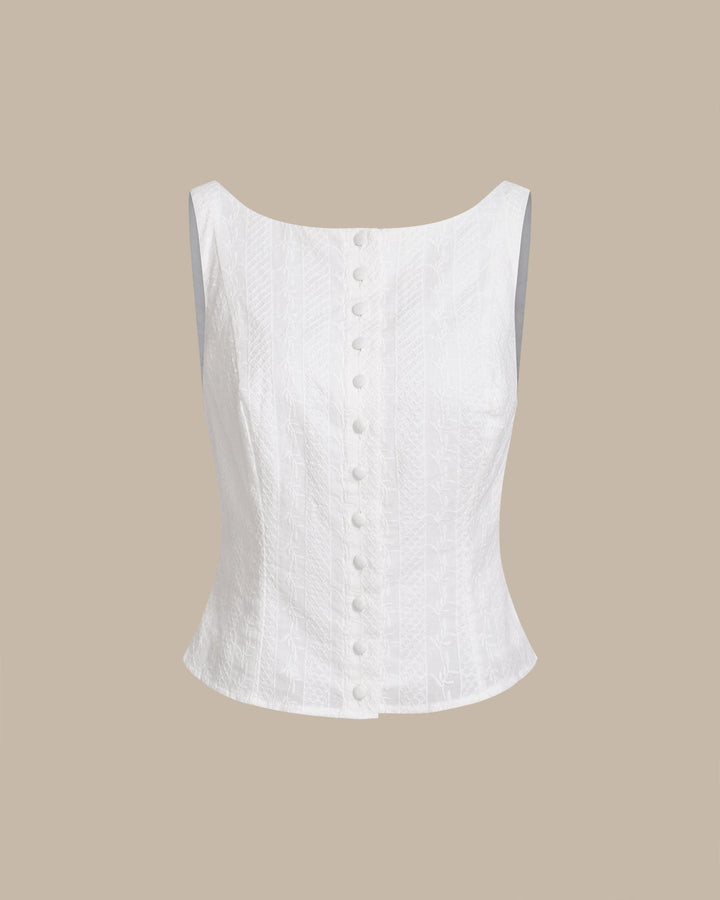 Morgan and Brooke | Textured Boat Neck Button Vest for Women in White
