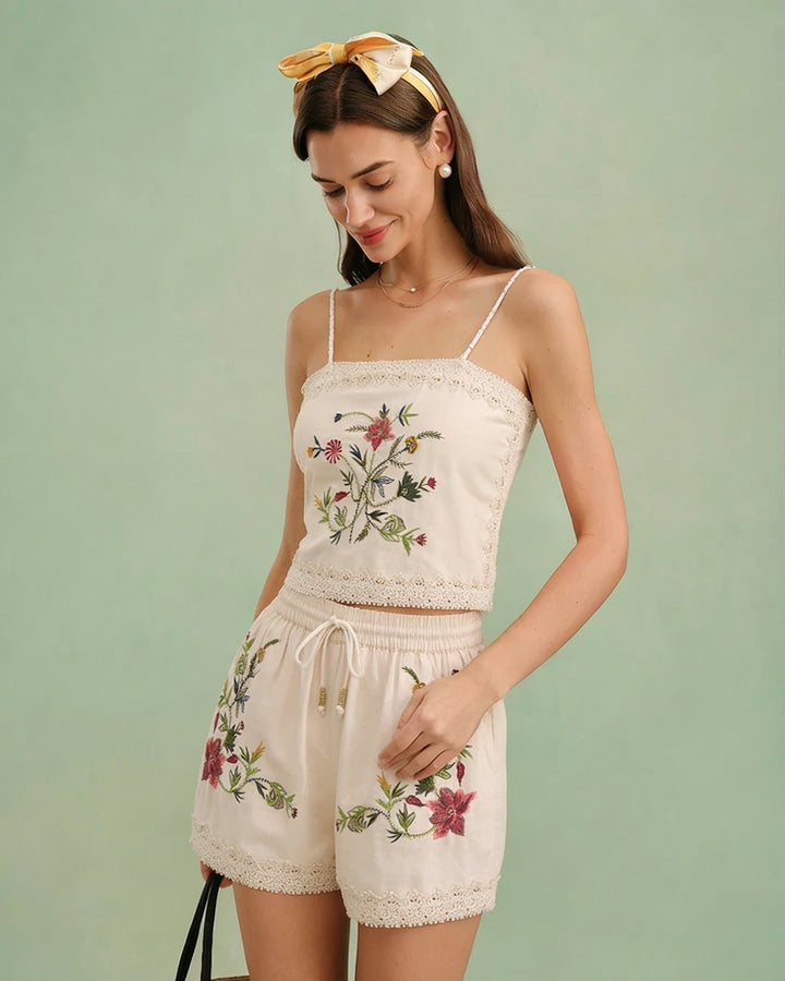 Morgan and Brooke | Embroidered Elastic Waist Shorts for Women in Apricot