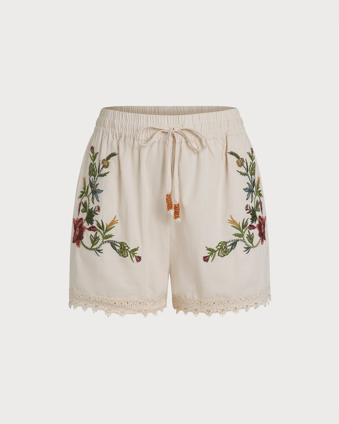 Morgan and Brooke | Embroidered Elastic Waist Shorts for Women in Apricot