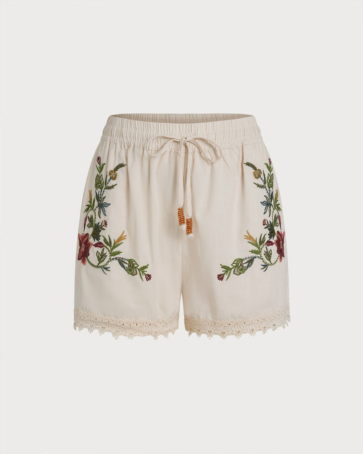Morgan and Brooke | Embroidered Elastic Waist Shorts for Women in Apricot