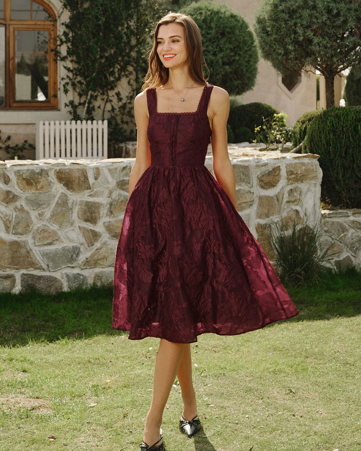 Morgan and Brooke | Jacquard Midi Dress for Women in Wine Red with Square Neck