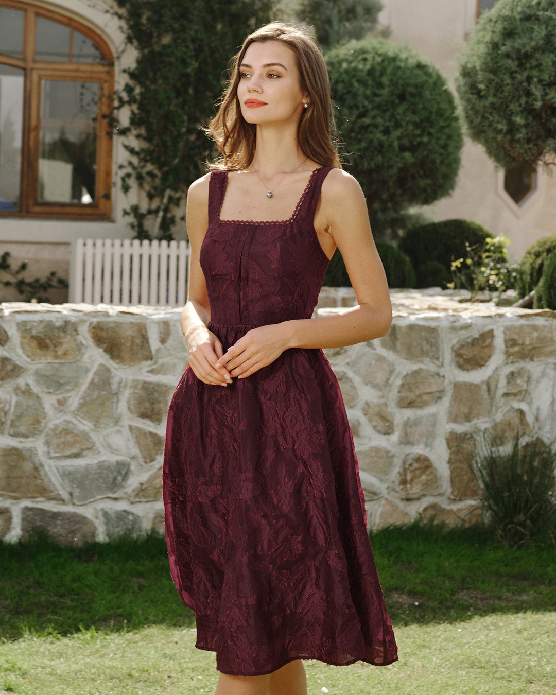 Morgan and Brooke | Jacquard Midi Dress for Women in Wine Red with Square Neck
