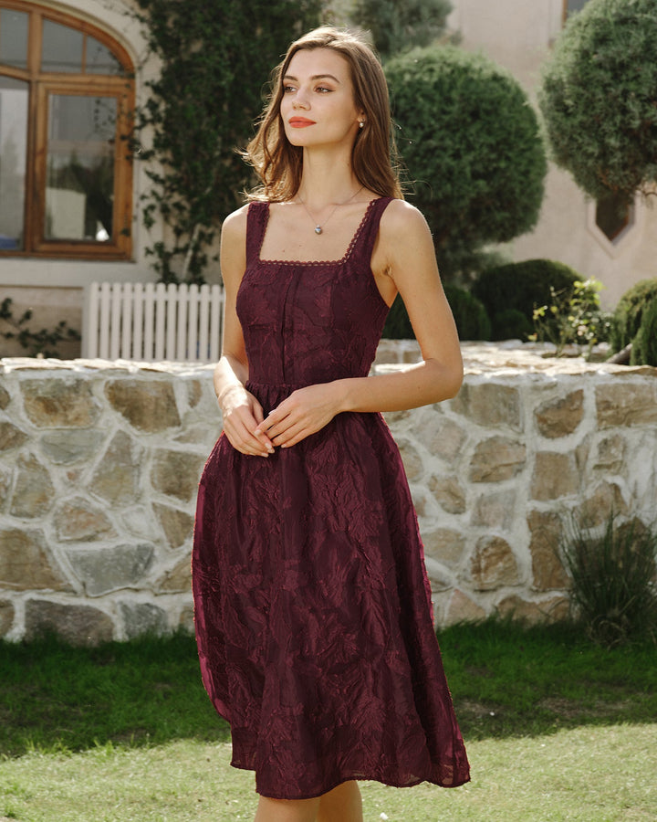 Morgan and Brooke | Jacquard Midi Dress for Women in Wine Red with Square Neck
