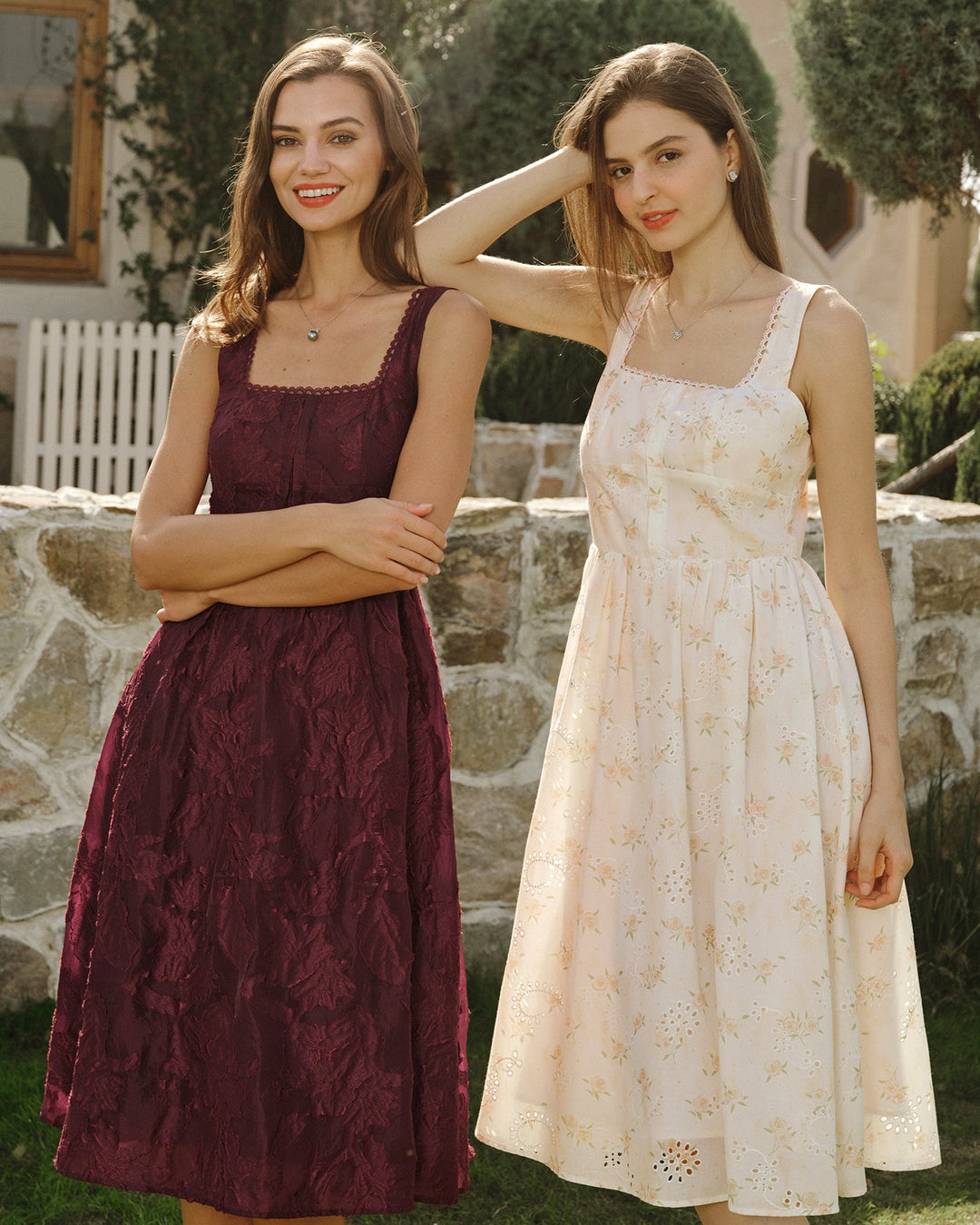 Morgan and Brooke | Jacquard Midi Dress for Women in Wine Red with Square Neck