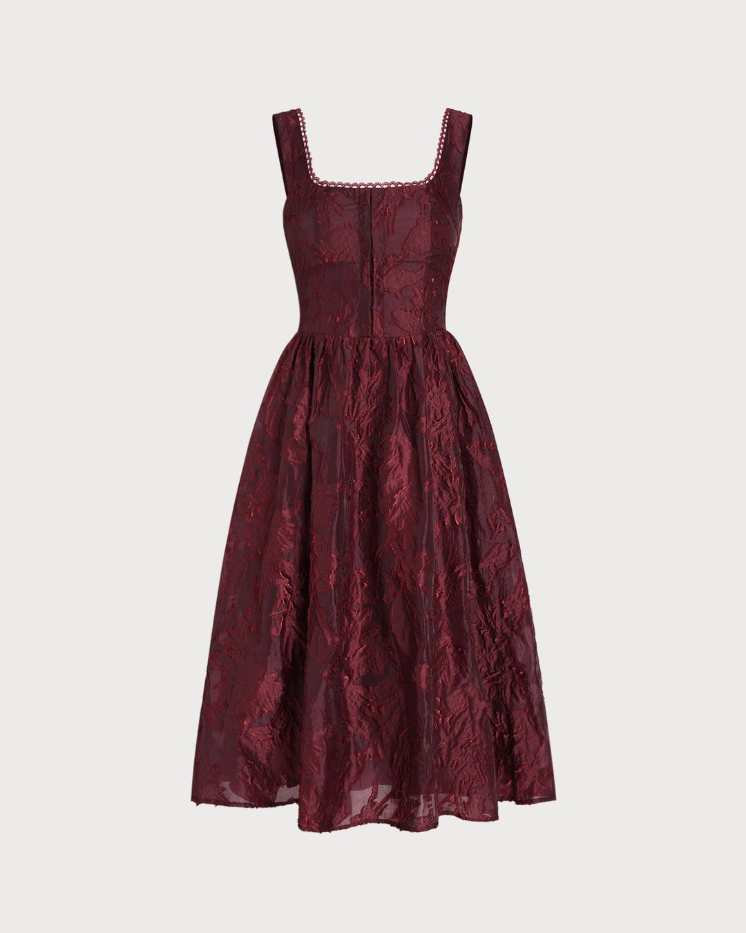 Morgan and Brooke | Jacquard Midi Dress for Women in Wine Red with Square Neck