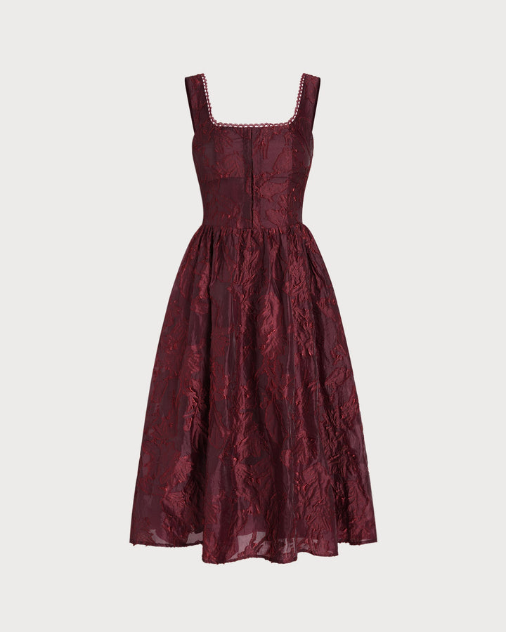 Morgan and Brooke | Jacquard Midi Dress for Women in Wine Red with Square Neck