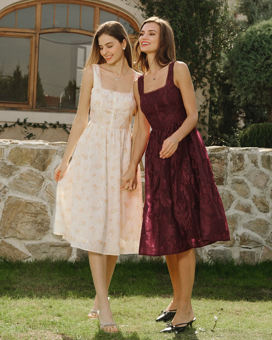 Morgan and Brooke | Jacquard Midi Dress for Women in Wine Red with Square Neck