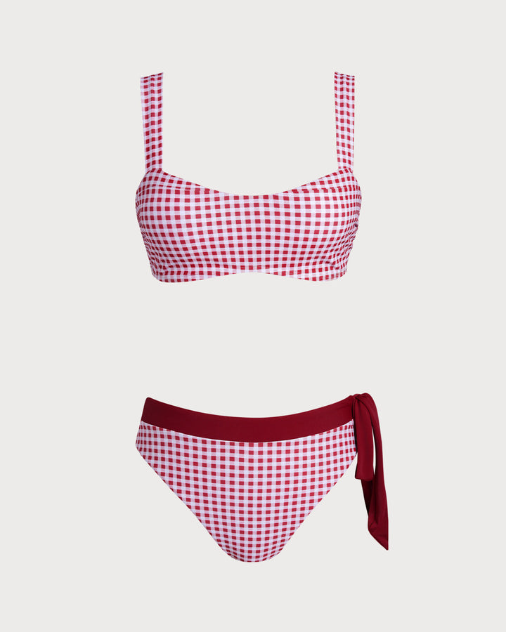 Morgan and Brooke | Plaid Bandeau Bikini Set for Women in Wine Red