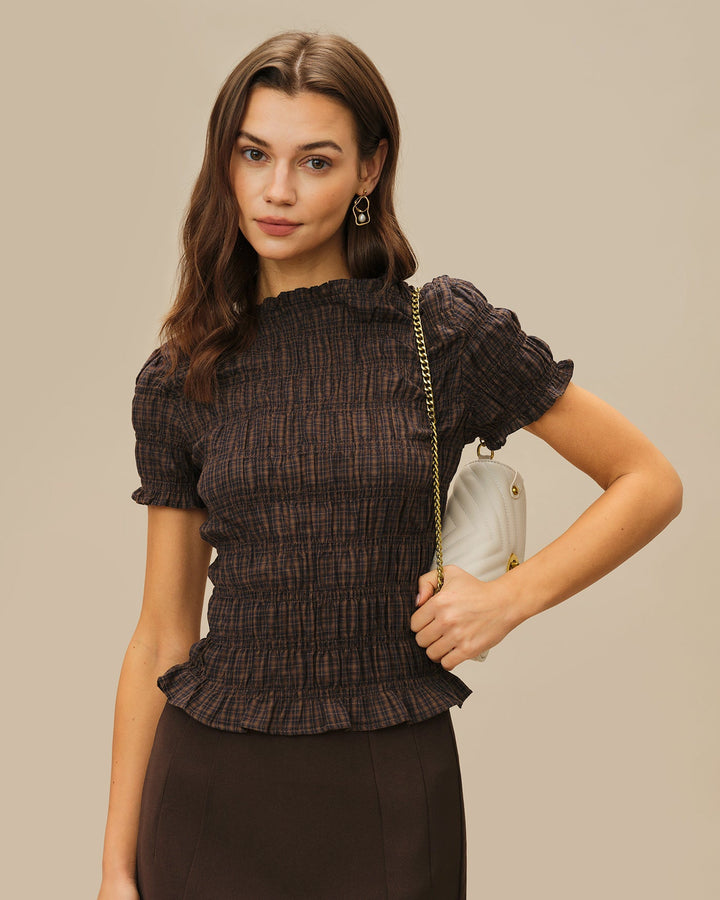 Morgan and Brooke | Plaid Shirred Tee for Women in Coffee