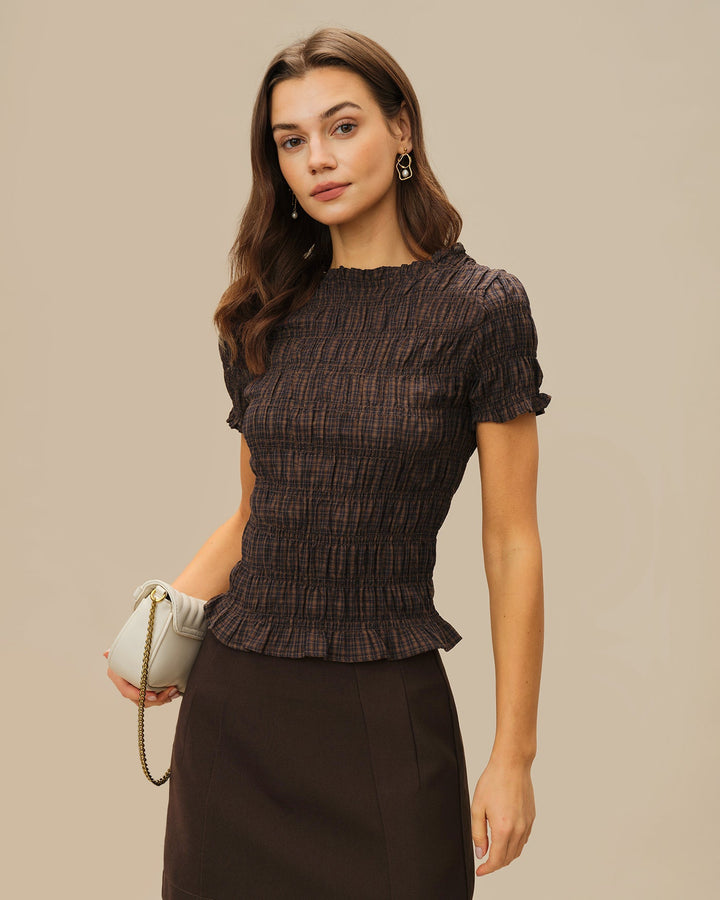 Morgan and Brooke | Plaid Shirred Tee for Women in Coffee