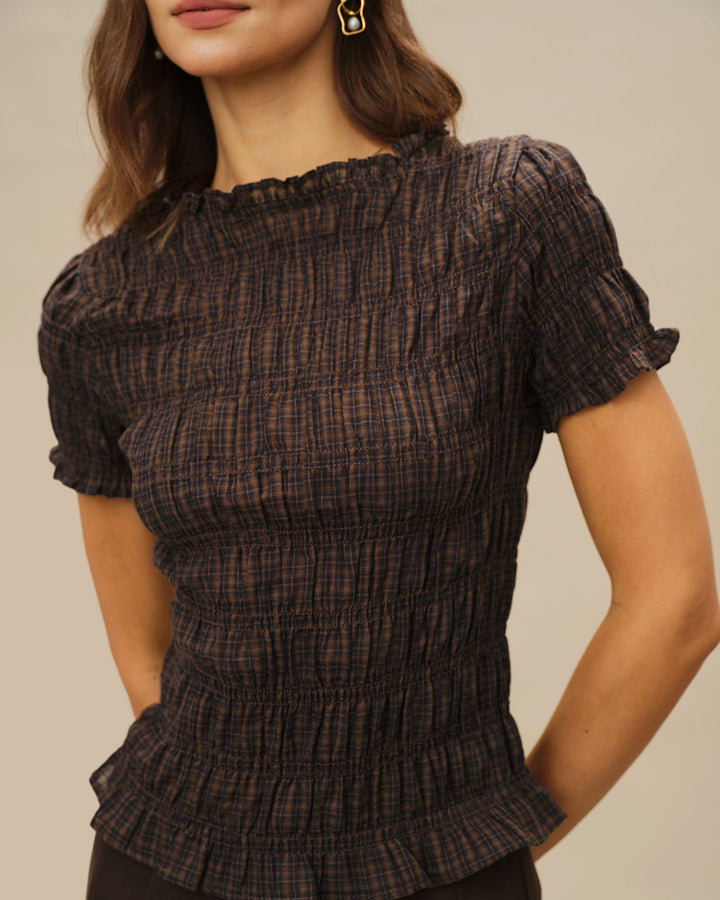 Morgan and Brooke | Plaid Shirred Tee for Women in Coffee