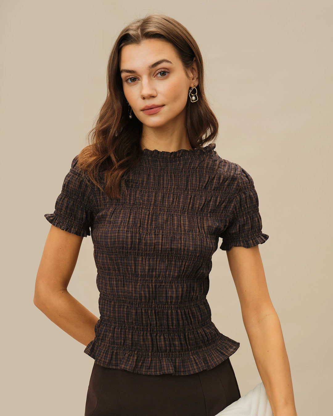 Morgan and Brooke | Plaid Shirred Tee for Women in Coffee