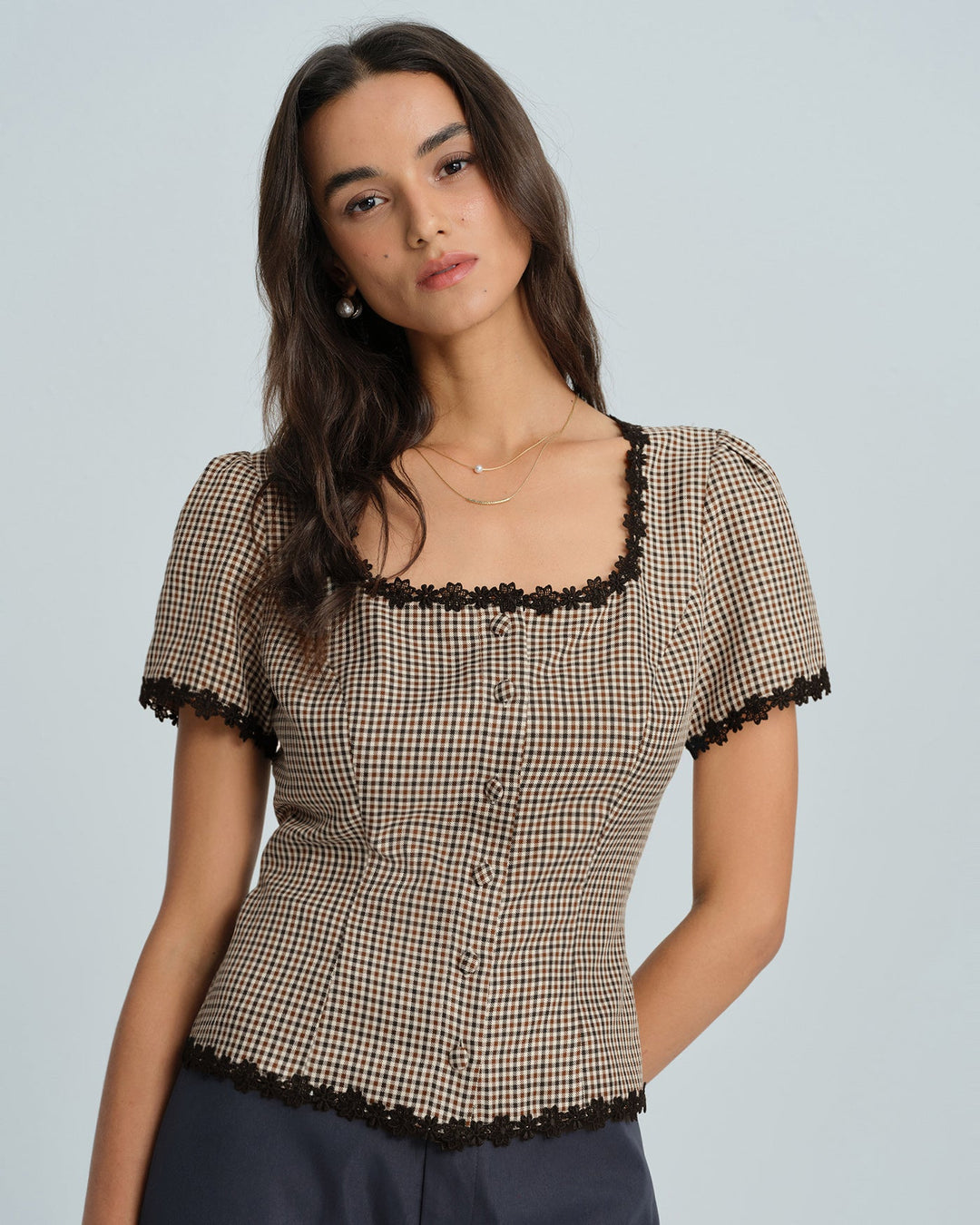 Morgan and Brooke | Square Neck Plaid Blouse for Women
