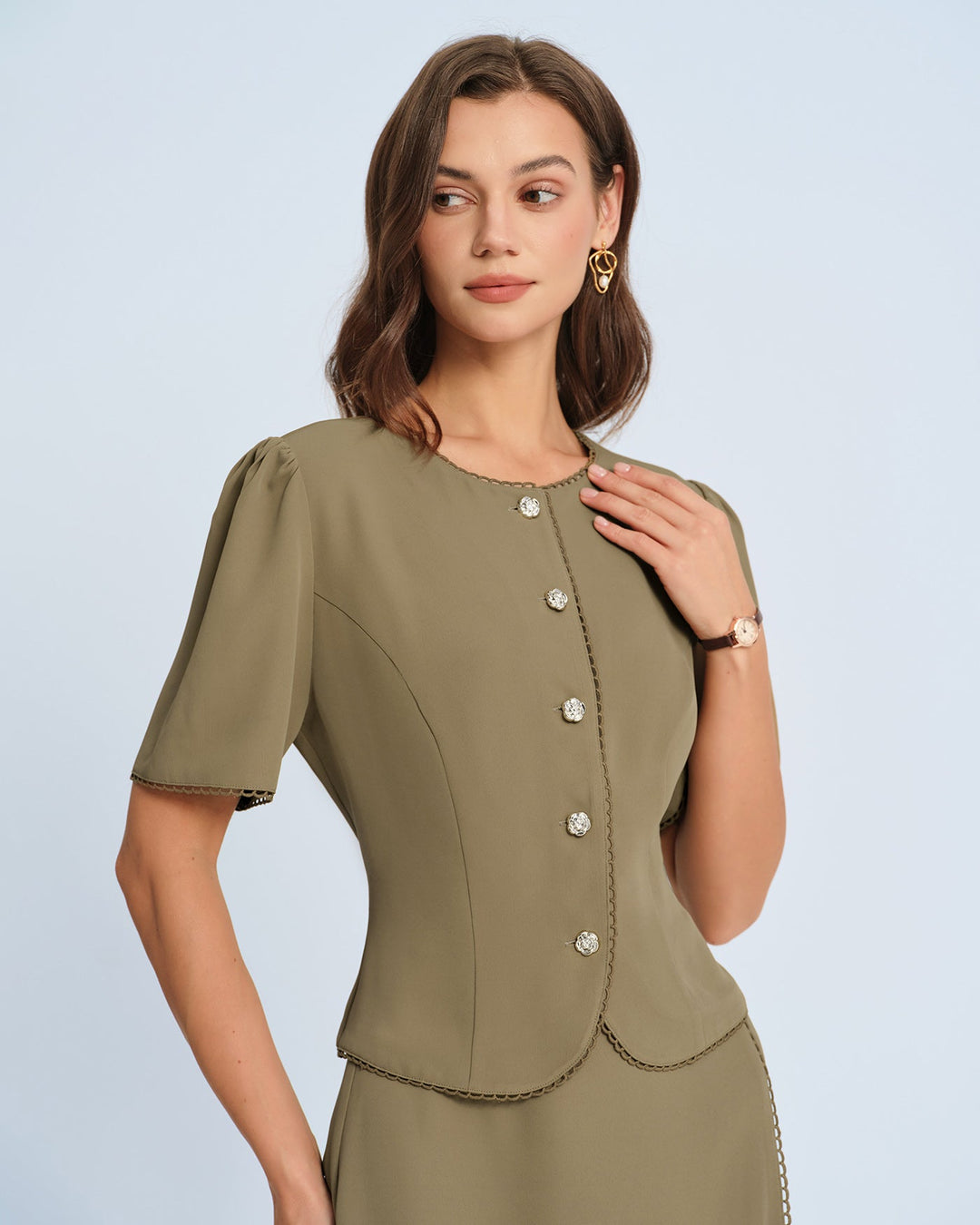 Morgan and Brooke | Puffed Sleeve Blouse for Women in Khaki